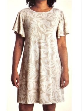 ECOTHREADS WOMENS RIBBED KNIT SHIRT DRESS TROPICAL FLORAL Beige Tan XXL